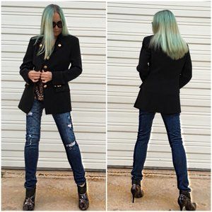 Black Military Style Embroidered Velvet Lapel Jacket